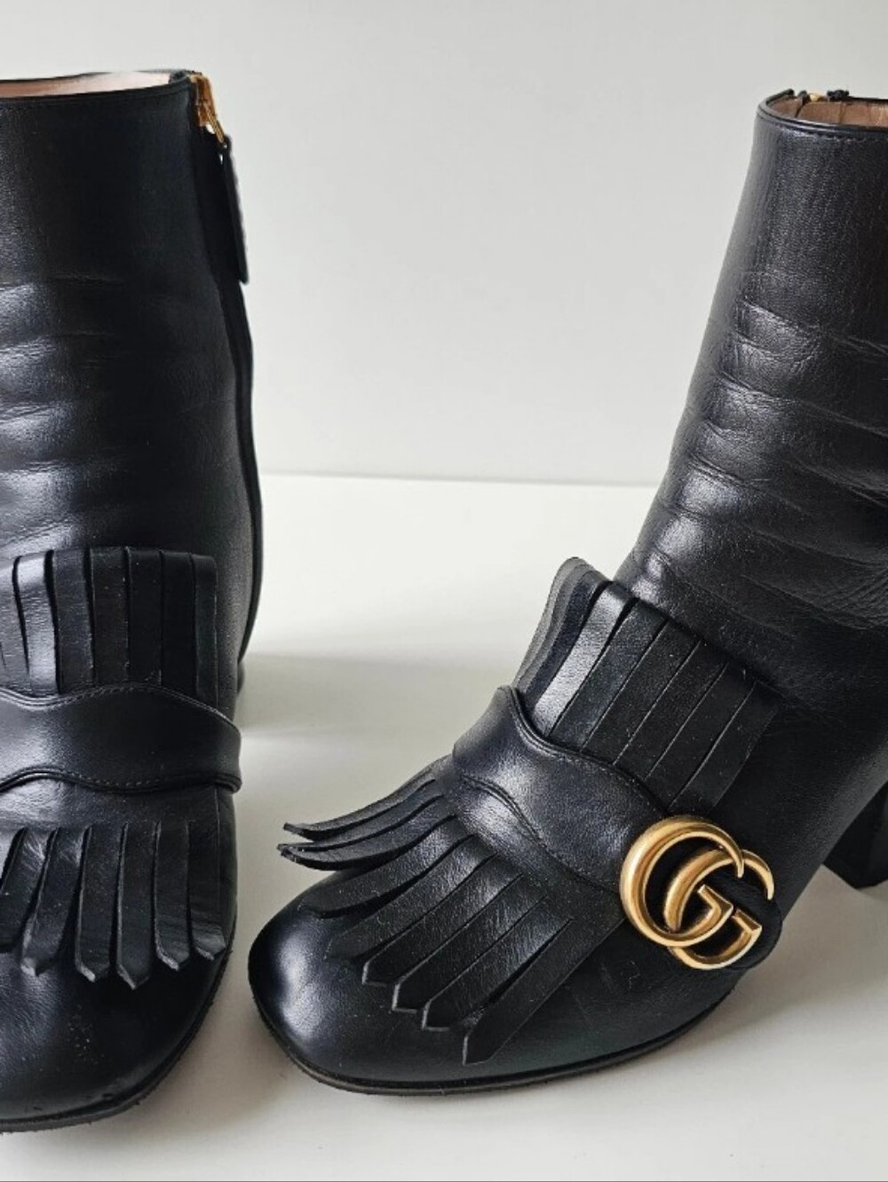 Gucci Marmont Gold GG Logo Black Leather Fringe Ankle Boots EU 38, US 7.5 - Picture 9 of 14